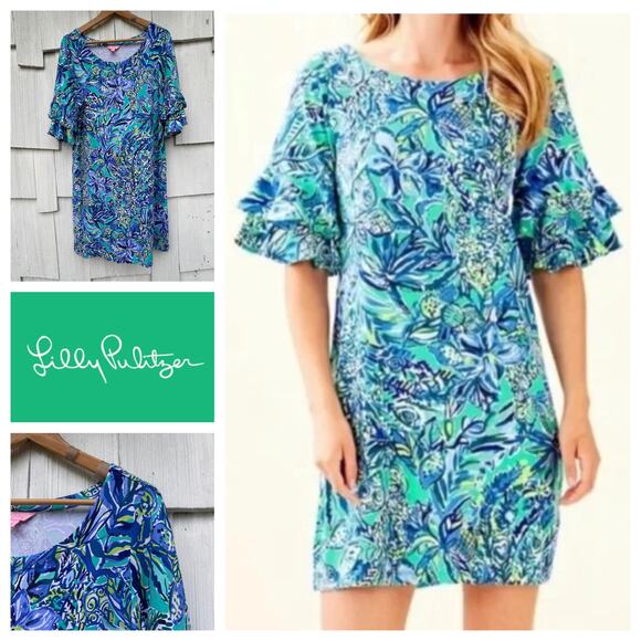 Lilly Pulitzer Lula Bonnet Blue Ruffle Sleeve Shift Dress Mini Length Size L